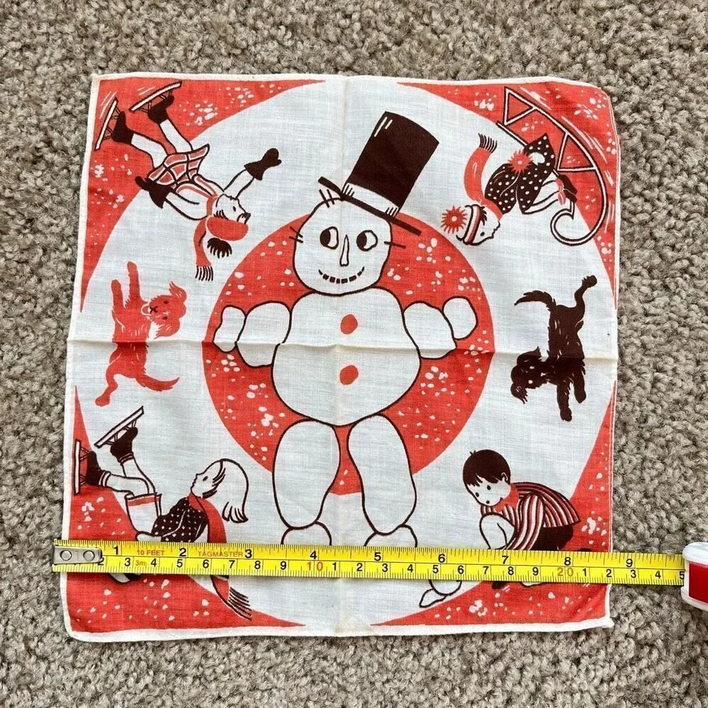 VTG 40s 50s Winter Kids Snowman Hankie 8.5” Novelty Print RARE